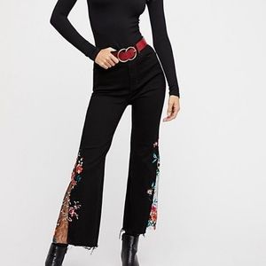 We The Free People Flare Jeans Embroidered Floral Lace Black Denim Size 29